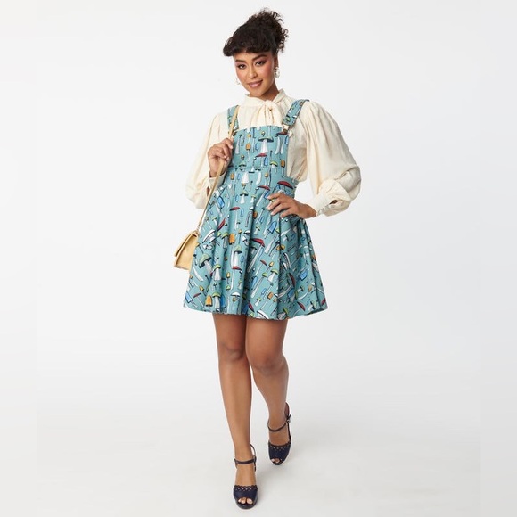 Unique Vintage Dresses & Skirts - Unique Vintage Sage Green & Mushroom Print Brionne Pinafore Skirt